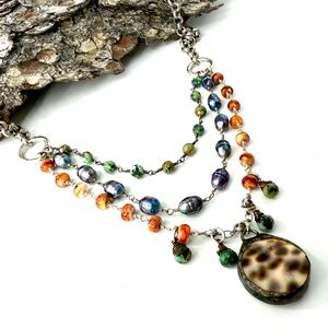 Multi-strand Vintage Spotted Brown Shell Pendant Sundance Inspired Necklace